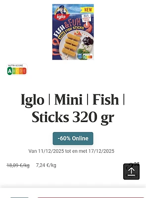 Iglo mini fish sticks 320gr -60%