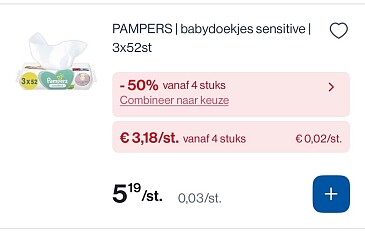 Pampers baby doekjes sensitive 3x52 stuks in promo
