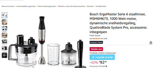 Bosch ErgoMaster Serie 6 staafmixer, MSM6M673, 1000 Watt motor, dynamische snelheidsregeling, QuattroBlade System Pro, accessoires inbegrepen