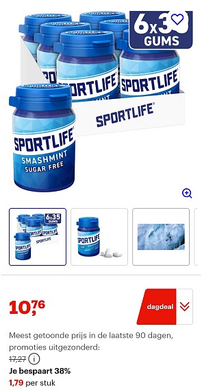 Sportlife smashmint pot - extreem frisse suikervrije kauwgom - 6x52g -38%