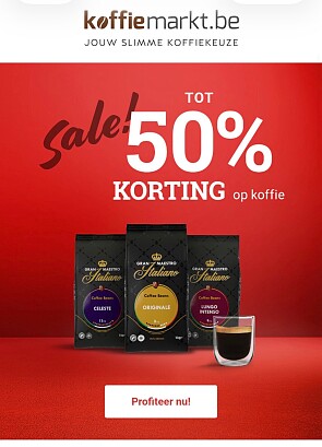 50% korting op koffie met groene sale sticker bij koffiemarkt.be