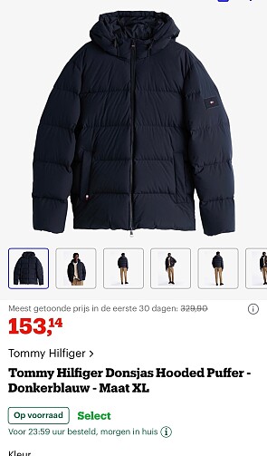 Tommy hilfiger donsjas voor €153,14 ipv €329,90 bij Bol