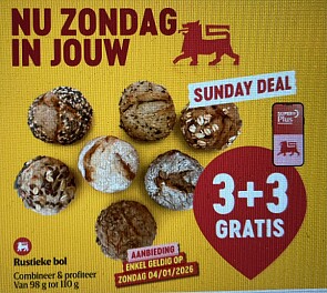 4/1 zondag deal in jouw Delhaize winkel rustieke bol 3+3 gratis