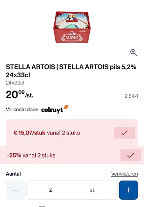 Stella Artois pils 5,2% 24x33 cl 2 bakken voor 22,60€