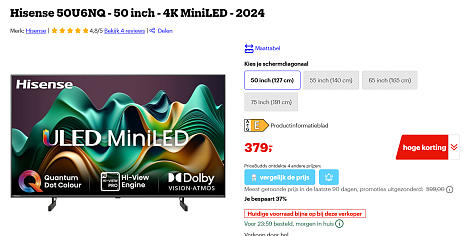 Hoge korting Hisense 50U6NQ - 50 inch - 4K MiniLED - 2024