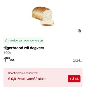 Tijgerbrood wit dagvers 800 gram voor 0,91€