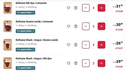 Delhaize dunne lende 1+1 gratis online op delhaize.be