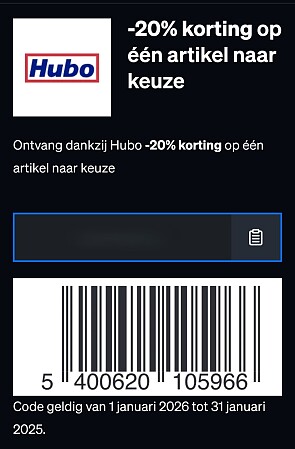 20% korting op 1 artikel naar keuze bij HUBO