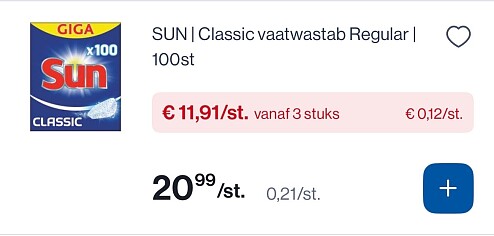 Sun classic vaatwastabletten regular 100 stuk voor slechts 0,12€/tab