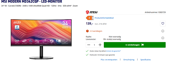 MSI Modern MD342CQP - LED-monitor - Hoge korting