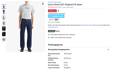 Levi's Heren 501 Original Fit Jeans met 49% korting bij Amazon DE