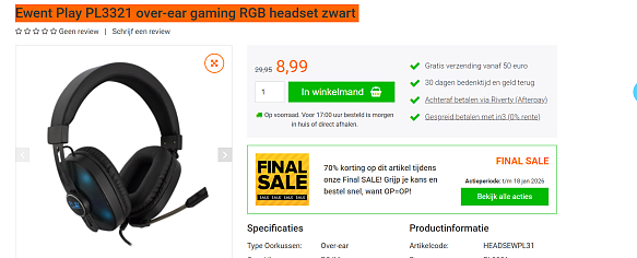 Top deal Ewent Play PL3321 over-ear gaming RGB headset zwart