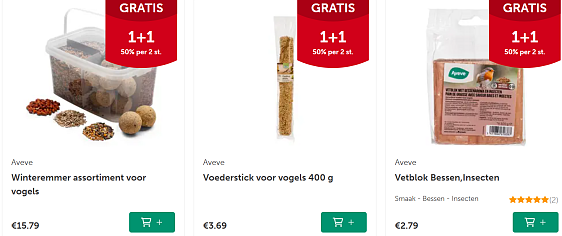 1+1 op vogelartikelen bij Aveve