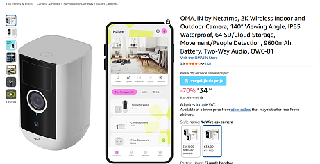 OMAJIN by Netatmo, Caméra de Sécurité Intérieur & Extérieur 2K sans fil, Angle de vue 140°, IP65 Waterproof, 64 SD/Cloud Storage, Motion/Human Detection, 9600mAh Battery, 2-way Audio, OWC-01