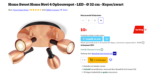 Home Sweet Home Novi 4 Opbouwspot - LED - Ø 32 cm - Koper/zwart