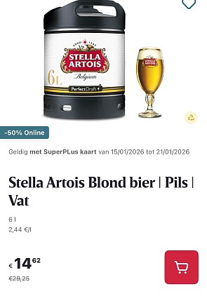 Stella Artois vat 6L -50% op Delhaize.be