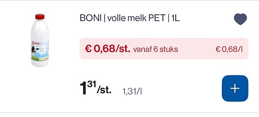 Boni volle melk 1L -50%