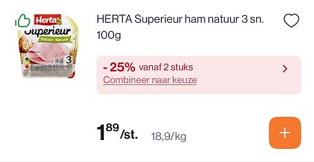 Herta superieur ham natuur 3 sn goedkoper
