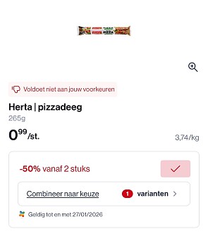 Herta pizzadeeg 265 gram 2 voor slechts 0,99€