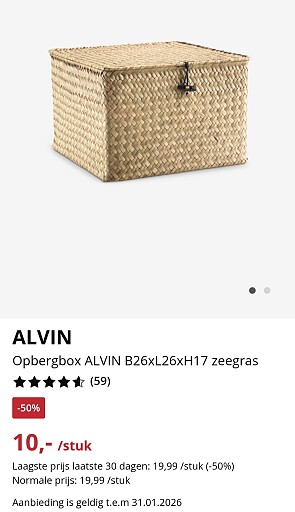 Opbergbox ALVIN B26xL26xH17 zeegras -50%