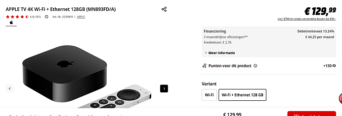 APPLE TV 4K Wi-Fi + Ethernet 128GB (MN893FD/A)