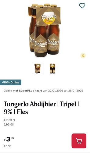 Tongerlo abdijbier tripel 9% 4x33 -50% op Delhaize.be