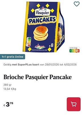 Brioche pasquier pancake 1+1 gratis op Delhaize.be