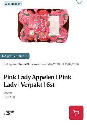 BePink lady appelen 6 stuks 1+1 gratis op Delhaize.