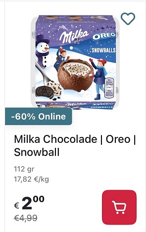 Milka chocolade Oreo snowball -60% op Delhaize.be