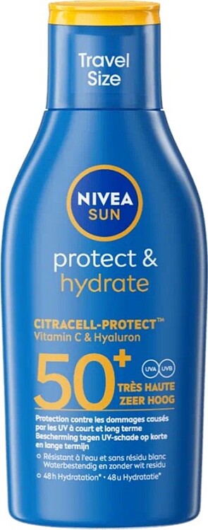 NIVEA SUN Protect & Hydrate Travelsize Zonnebrand SPF 50 - Mini Zonnebrand - Reisformaat Zonnecrème Waterbestendig - 100 ml -53 %