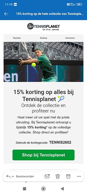 15% korting bij tennisplanet