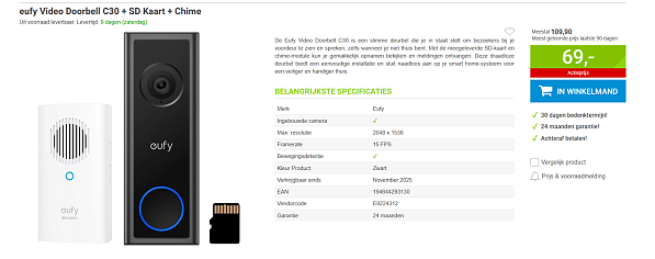 Video deurbel: eufy Video Doorbell C30 + SD Kaart + Chime