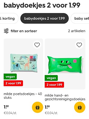 Babydoekjes 2 voor €1,99 bij Hema