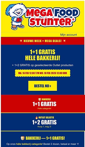 Megafoodstunter outlet 1+2 gratis, bakkerij 1+1 gratis