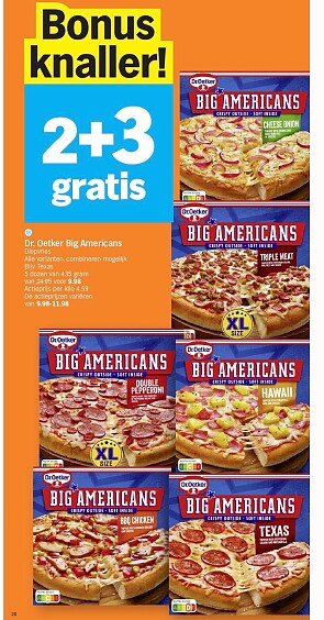 Dr Oetker big americans pizza’s 2+3 gratis bij Albert Heijn