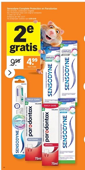Sensodyne complete protection en Parodontax tandpasta 1+1 gratis bij Albert Heijn
