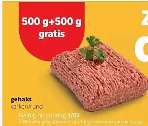 500g + 500g gratis gehakt op zondag 1/3/26 bij Spar (Colruyt)