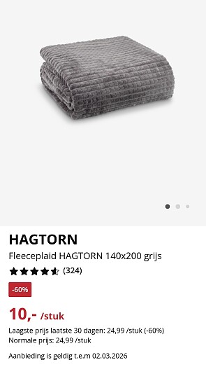 HAGTORN Fleeceplaid HAGTORN 140x200 grijs -60%