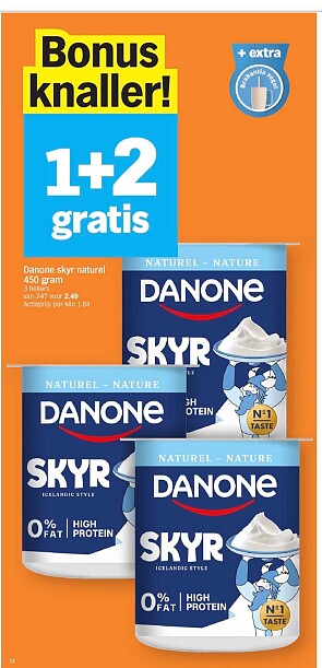 Danone Skyr naturel 450 gram 1+2 gratis bij ah