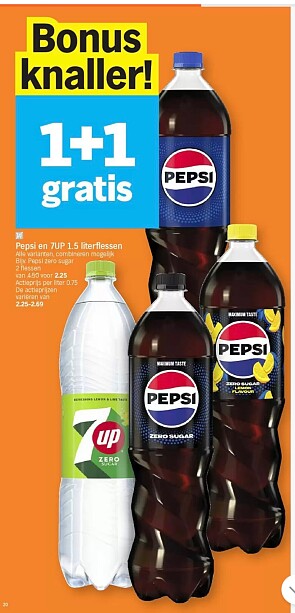 Pepsi en 7up 1,5L flessen 1+1 gratis bij ah