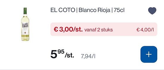 El coto wijn 75 cl voor 3,00€/fles (-50%)