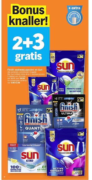 Finish en Sun vaatwasproducten 2+3 gratis bij ah