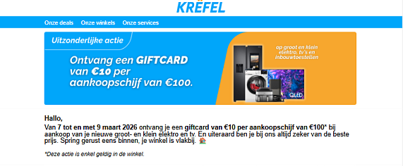 Giftcard t.w.v. €10 per aankoopschijf van €100 bij Krëfel