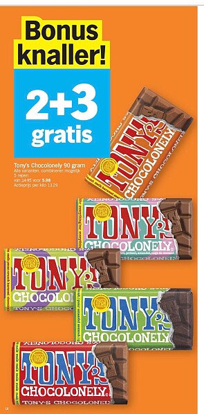 Tony Chocolonely 90 gram 2+3 gratis bij ah