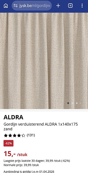 Gordijnen ALDRA in verschillende kleuren bij Jysk 62 korting