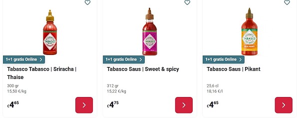 Tabasco saus 1+1 gratis op Delhaize.be