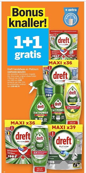 Dreft handafwas en platinum vaatwascapsules 1+1 gratis bij ah