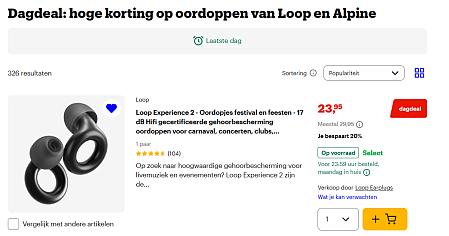 Dagdeal bol: hoge korting op oordoppen van Loop en Alpine