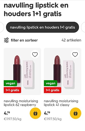 navulling lipstick en houders 1+1 gratis