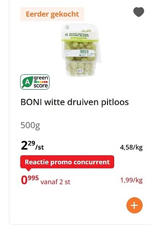 Pitloze witte druiven 500 gram voor slechts 1,00€ en everyday eetappelen 0,83 euro per kg